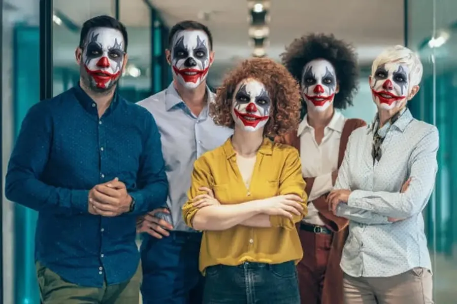 Groupe de collègues transformés en clowns effrayants par WAIbooth IA
