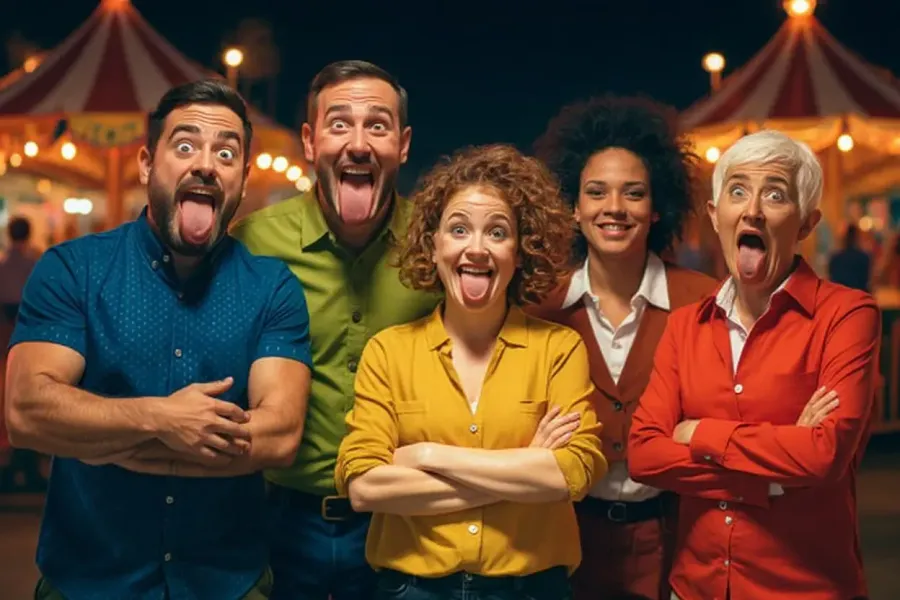 Groupe de collègues en grimaces dans une fête foraine, généré par WAIbooth IA