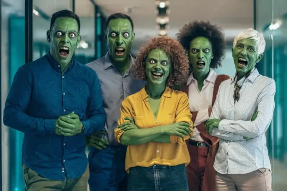 Groupe de collègues transformés en zombies par WAIbooth IA